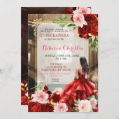 バラ色の明るい赤の花のキンセアニエラ 招待状 (正面/裏面)