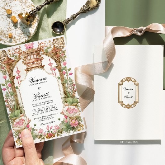 バラ色の東洋の蓮の花のウェディング 招待状