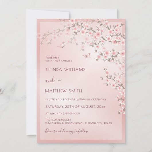 バラ色の桜の結婚式 招待状 (正面)
