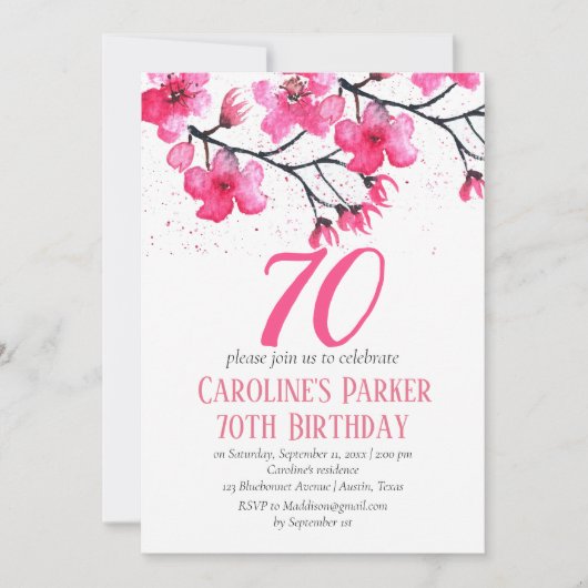 バラ色の桜 70歳の誕生日 花 招待状 (正面)