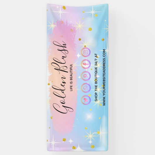 バラ色の水彩とモダンゴールドの幾何学的なデザインがおしゃれ 横断幕 (縦)