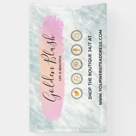 バラ色の水彩とモダンゴールドの幾何学的なデザインがおしゃれ 横断幕 (縦)