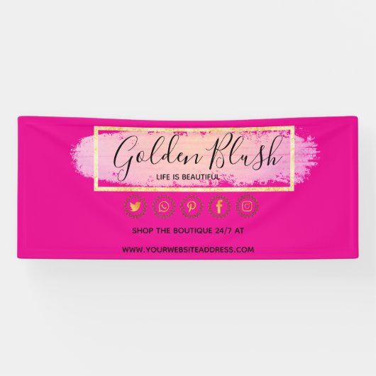 バラ色の水彩とモダンゴールドの幾何学的な chic 横断幕 (横)