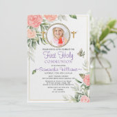 バラ色の水彩画のような優しい花のデザインが特徴的な、初めての聖体拝領の招待状 招待状 (スタンド正面)