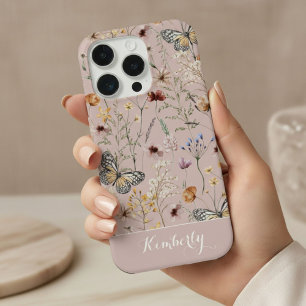 バラ色の水彩画の野生の花のパターン名 iPhone 15 PROケース