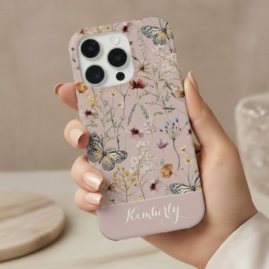 バラ色の水彩画の野生の花のパターン名 iPhoneケース