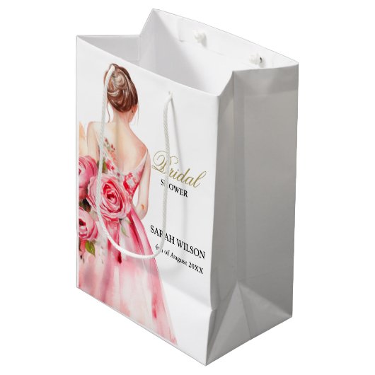 バラ色の水彩画ウェディングドレス ブライダルシャワー ミディアムペーパーバッグ (正面アングル)