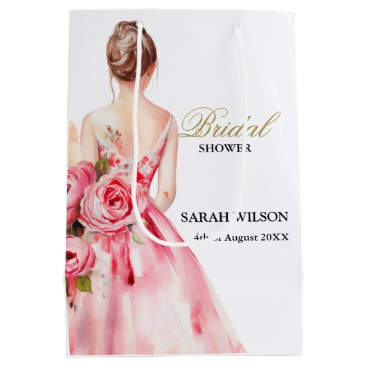 バラ色の水彩画ウェディングドレス ブライダルシャワー ミディアムペーパーバッグ (裏面)