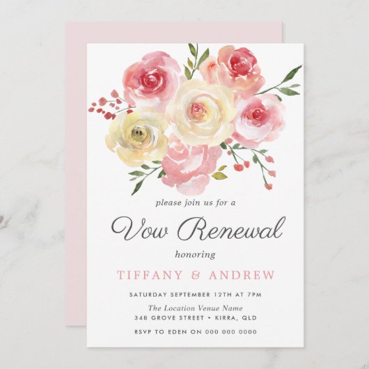 バラ色の水彩花の誓い更新招待状 招待状 (正面/裏面)