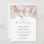 バラ色の水彩花イラスト 招待状 (正面)