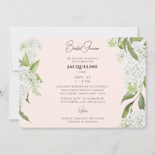 バラ色の白ハイドランジア ブライダルシャワーII 招待状 (正面)