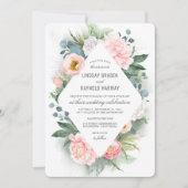 バラ色の芍薬フレームの花の水彩ウェディング 招待状 (正面)