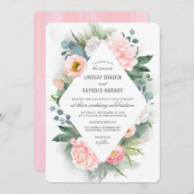 バラ色の芍薬フレームの花の水彩ウェディング