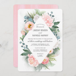 バラ色の芍薬フレームの花の水彩ウェディング 招待状
