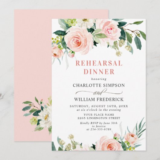 バラ色の花とグリーンが可愛らしい リハーサルディナー 招待状 (正面/裏面)