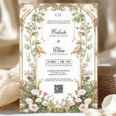 バラ色の花とゴールドのガーデン ヴィンテージウェディング 招待状