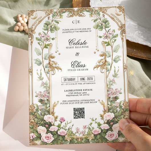 バラ色の花とゴールドのガーデン ヴィンテージウェディング 招待状