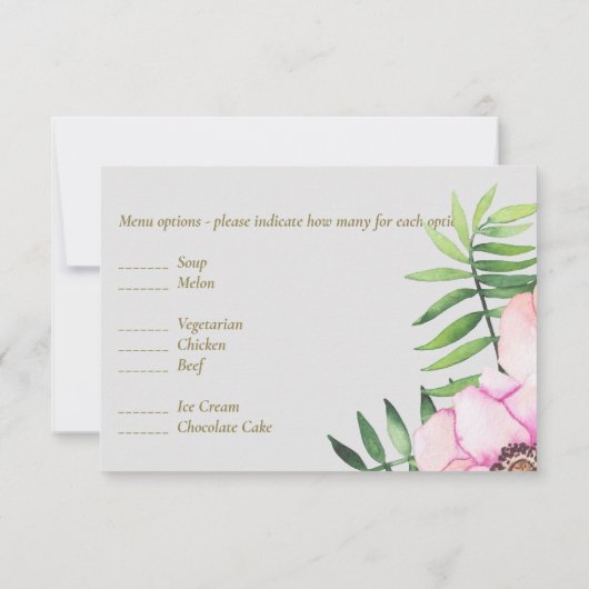 バラ色の花とセージの葉のブジェットウェディング 出欠カード (裏面)