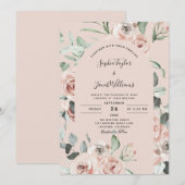 バラ色の花とユーカリのグリーンウェディング 招待状 (正面/裏面)