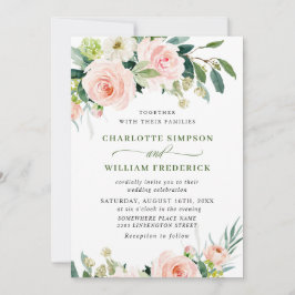 バラ色の花と水彩のグリーン ウェディング 招待状