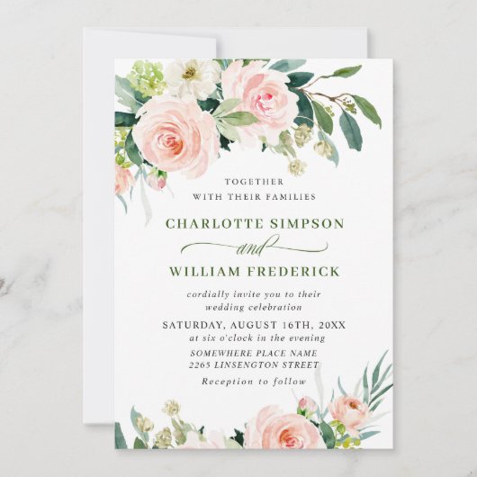 バラ色の花と水彩のグリーン ウェディング 招待状 (正面)