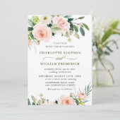 バラ色の花と水彩のグリーン ウェディング 招待状 (スタンド正面)