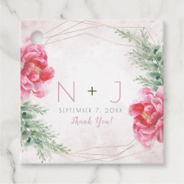 バラ色の花と緑の水彩画ウェディング フェイバータグ