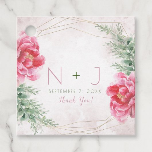 バラ色の花と緑の水彩画ウェディング フェイバータグ (正面)