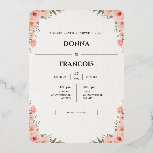 バラ色の花のウェディング招待状テンプレート 箔招待状 (正面)