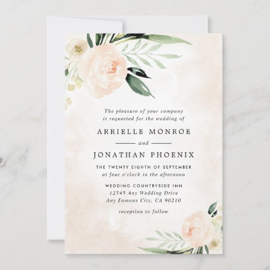 バラ色の花のエレガントなシャンパン　ガーデンウェディング 招待状 (正面)