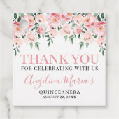 バラ色の花のキンセアニエラ（ハーフ成人式）お礼のギフト フェイバータグ (正面)