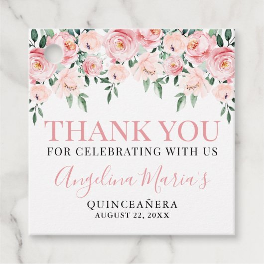 バラ色の花のキンセアニエラ（ハーフ成人式）お礼のギフト フェイバータグ (正面)