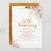 バラ色の花のゴールドのカリグラフィー　50周年 招待状 (正面/裏面)