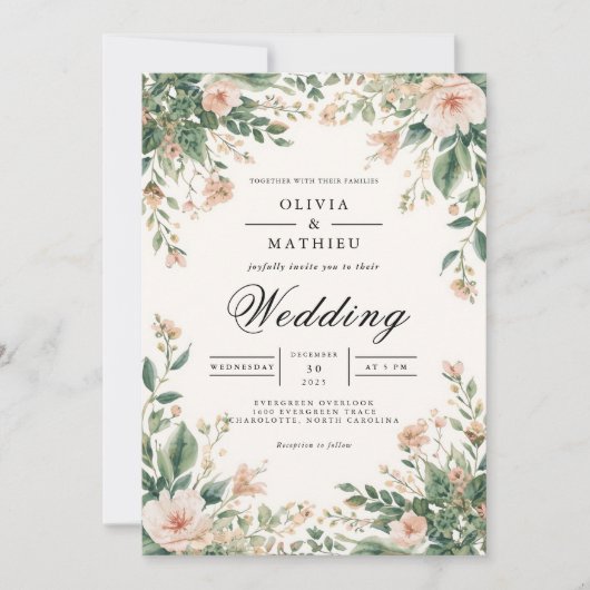 バラ色の花の植物アーチのウェディング 招待状 (正面)