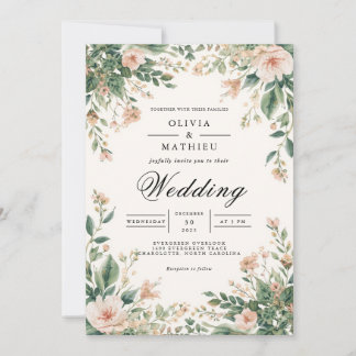 バラ色の花の植物アーチのウェディング 招待状