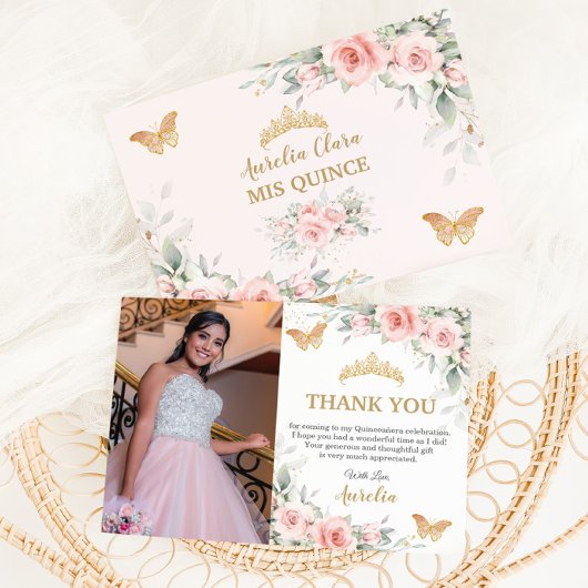 バラ色の花の金色の王冠 キンセアニエラの写真 サンキューカード