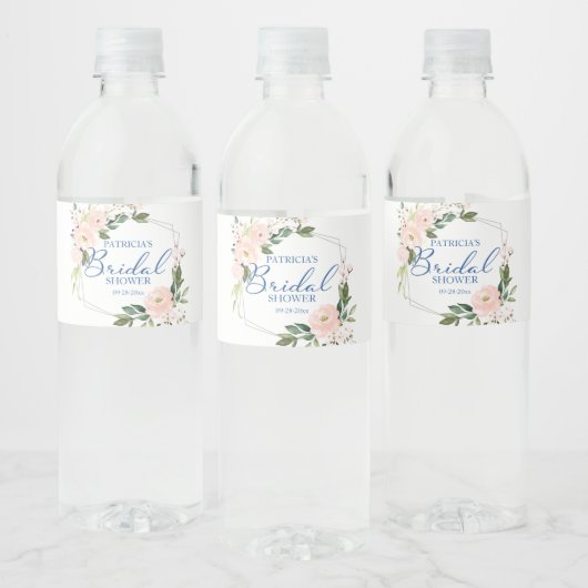 バラ色の花の青い銀の幾何学模様の花嫁のシャワー ペットボトルラベル (ボトル)