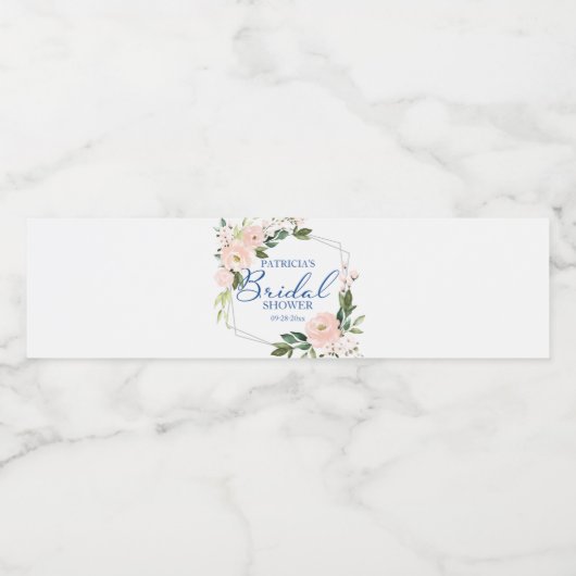 バラ色の花の青い銀の幾何学模様の花嫁のシャワー ペットボトルラベル (シングルラベル)