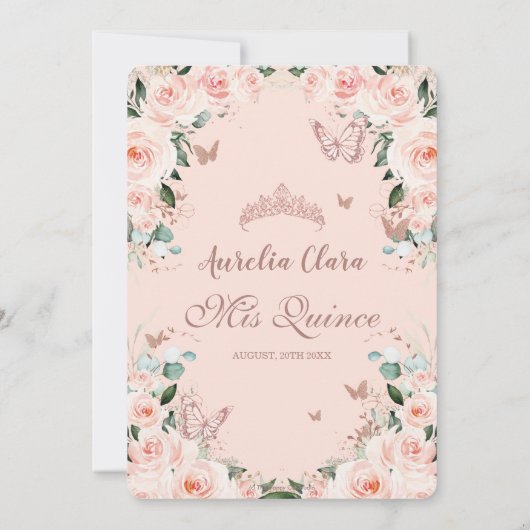 バラ色の花をあしらった、甘く優雅な16歳の誕生日 ローズゴールドのキンセアニエラ セーブザデート (裏面)