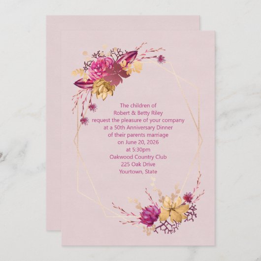 バラ色の花柄のアニバーサリー・ディナー 招待状 (正面/裏面)