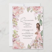 バラ色の花柄のキンセアニエラ 15歳の誕生日 招待状 (正面)