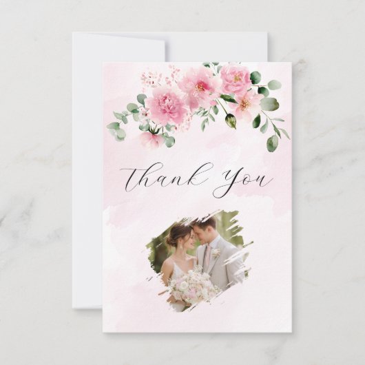 バラ色の花柄の写真 結婚式 お礼状カード サンキューカード (正面)