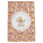 バラ色の花柄ビンテージ ベビーカー ベビーシャワー ギフトバッグ (裏面)