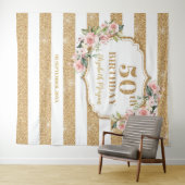 バラ色の花模様に金のラメが入った50歳の誕生日 タペストリー (インサイチュ(横))