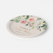 バラ色の花模様のゴールドの特別なブライダルシャワーパーティー ペーパープレート (アングル)
