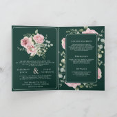 バラ色の花模様のユーカリ 緑色の結婚式 招待状 (内部)