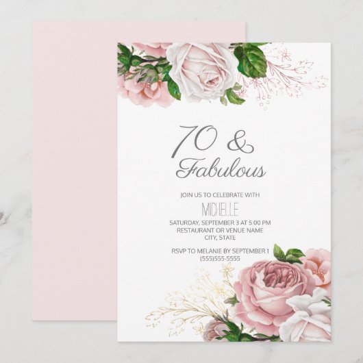バラ色の花70と素敵な誕生日 招待状 (正面/裏面)