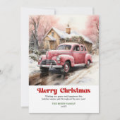 バラ色の車の水彩画の居心地の良い田舎風クリスマスシーン シーズンカード (正面)