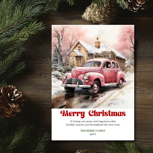 バラ色の車の水彩画の居心地の良い田舎風クリスマスシーン シーズンカード