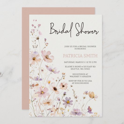 バラ色の野生の花のブライダルシャワー 招待状 (正面/裏面)